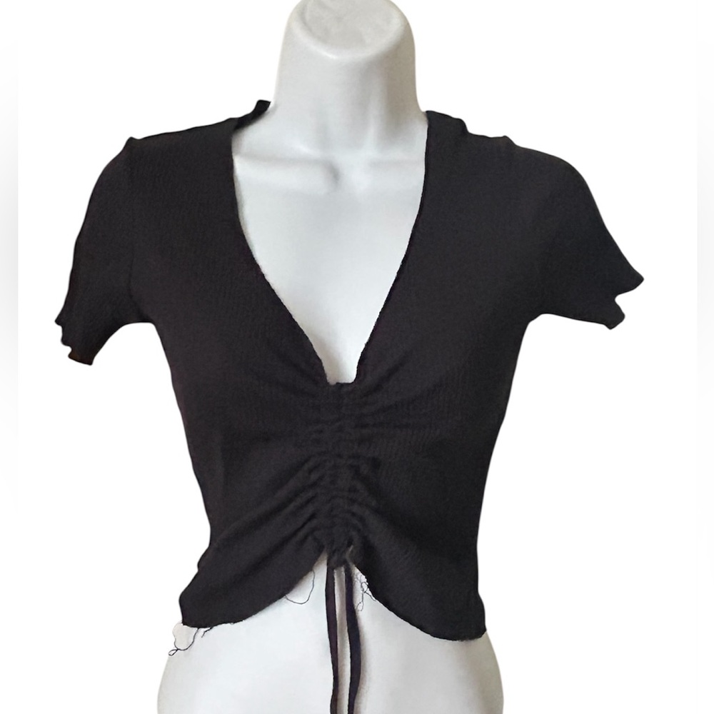 GHANDA Black Ruched V-Neck Women's Top,Sz S